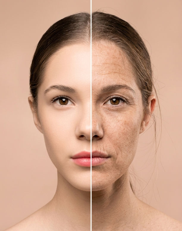 Split-face portrait of a woman, one half youthful and smooth, the other older with wrinkles, against a beige background.