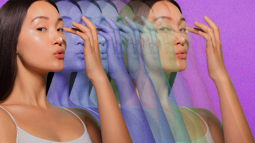 Woman with a playful expression touches her brow, creating colorful, overlapping, transparent repeats of her image on a purple background.