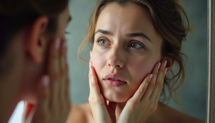 Close-up view of a mirror reflecting a person examining their skin
