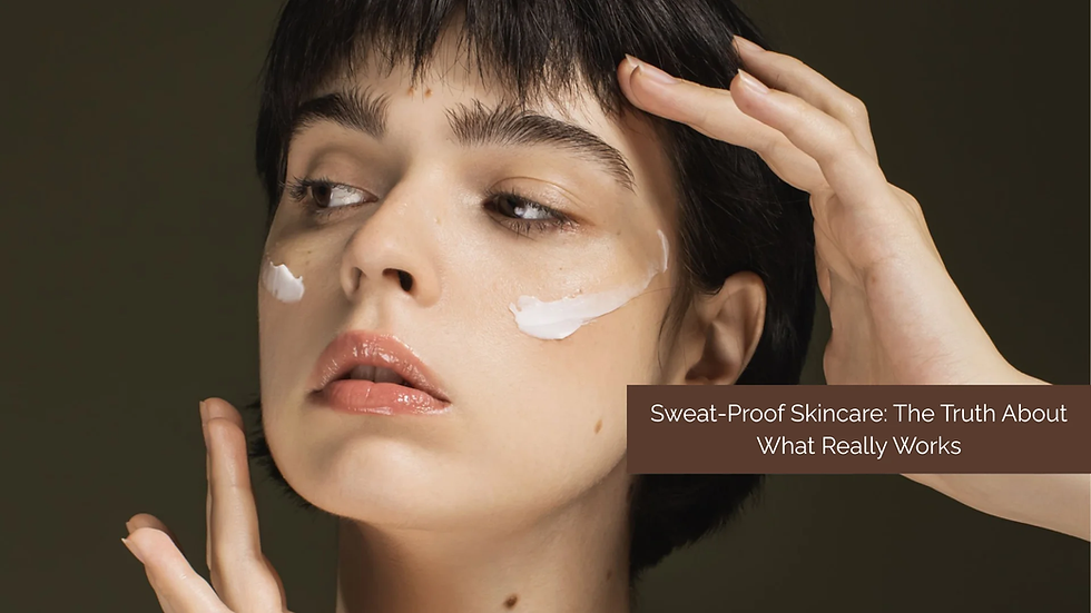 Woman applying cream on face, fingers near hair. Text: "Sweat-Proof Skincare: The Truth About What Really Works" on a dark background. Calm expression.