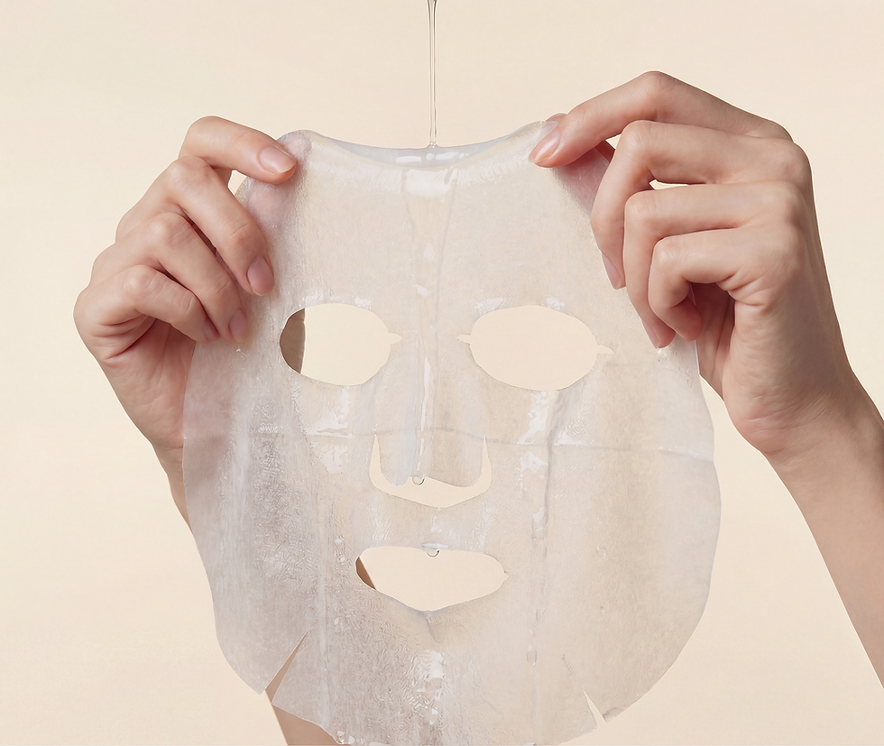 Eye-level view of a sheet mask packet and a mask laid out on a wooden surface