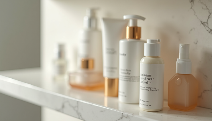 Eye-level view of skincare products arranged on a bathroom shelf