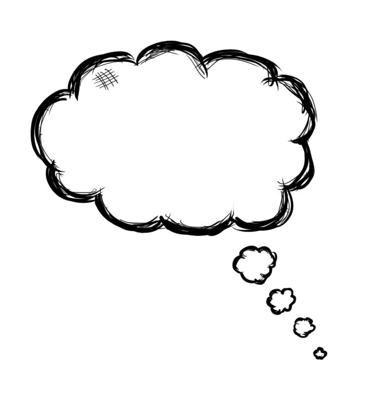 A sketched thought bubble with a cloud-like shape on a white background. No text inside. Black outlines suggest a pondering mood.