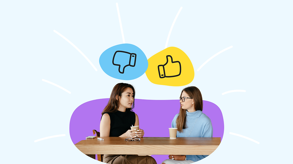 Two women sit at a table talking, holding cups. Thought bubbles show a thumbs-up and thumbs-down. Background is purple with a light blue sky.