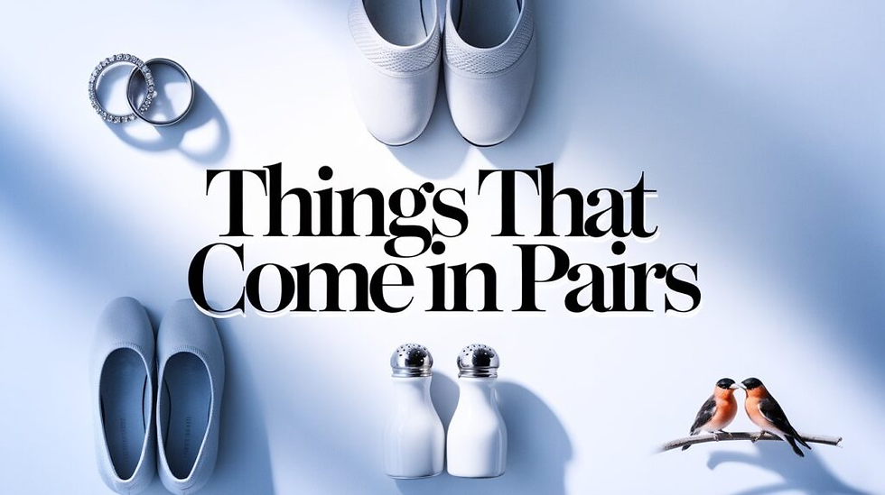 Pairs of rings, shoes, salt and pepper shakers, and birds on a branch surround text: "Things That Come in Pairs" on a light blue background.