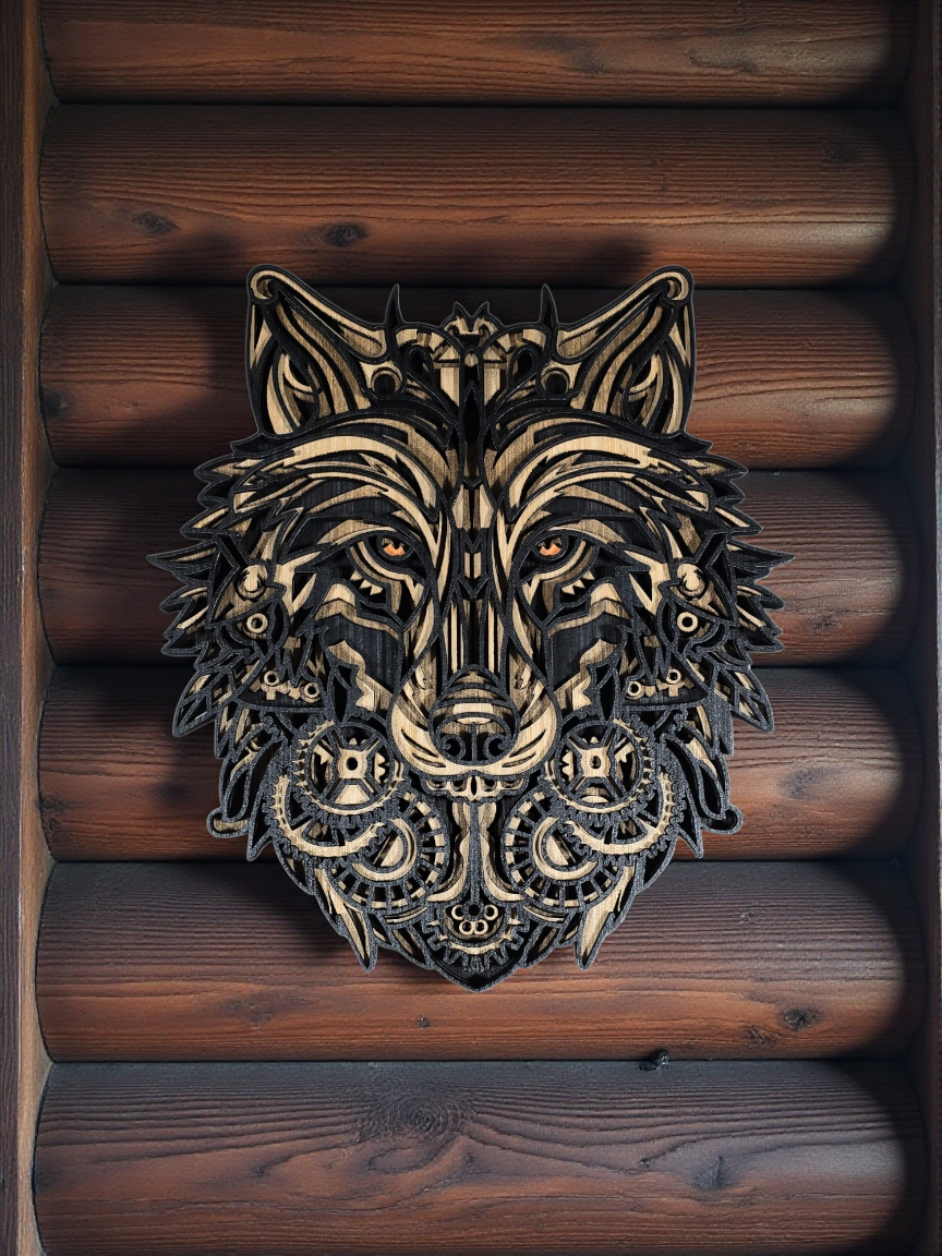 Thumbnail: Wolf Gear Head Wood Wall Hanging Large