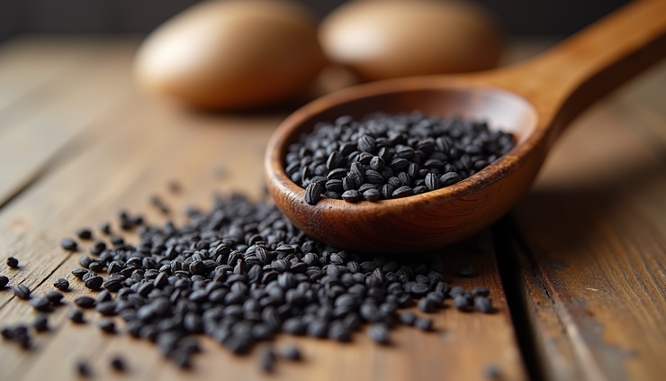 Eye-level view of black cumin seeds spilling from a wooden spoon onto a rustic table