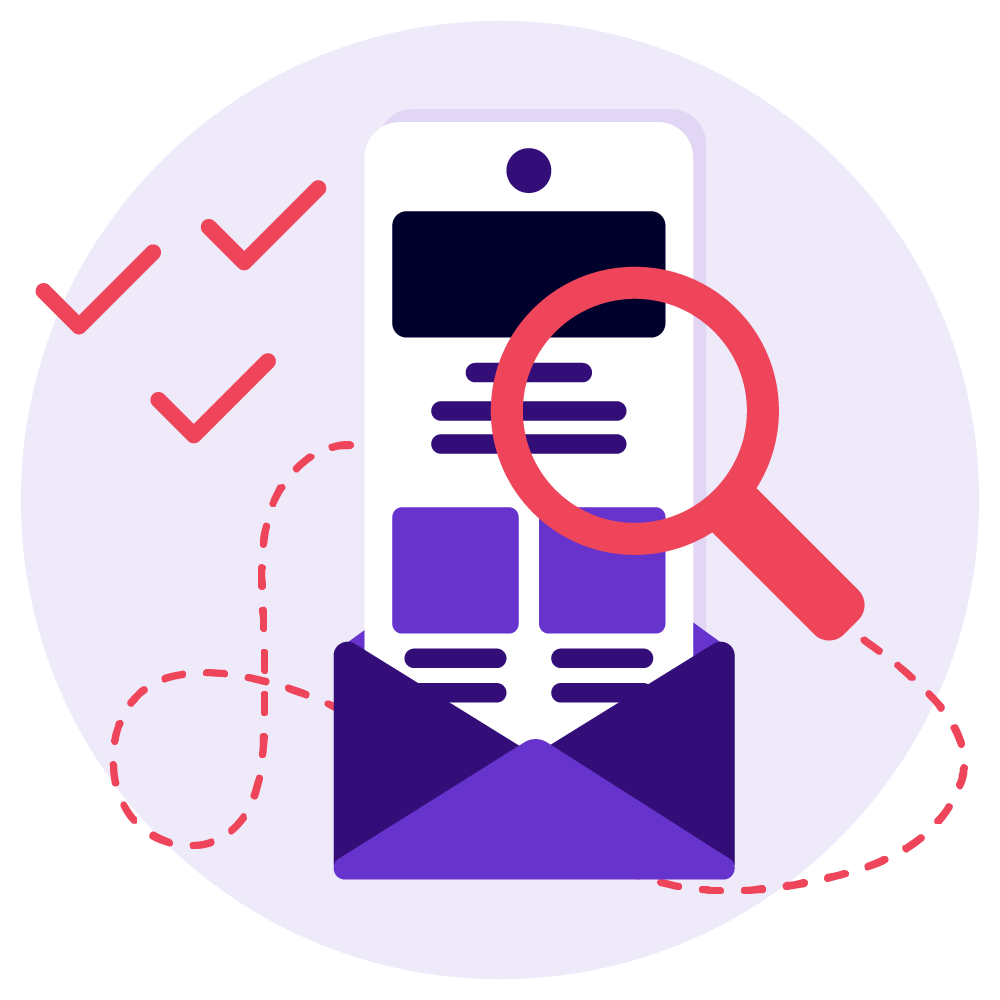 Magnifying glass inspecting a mobile email