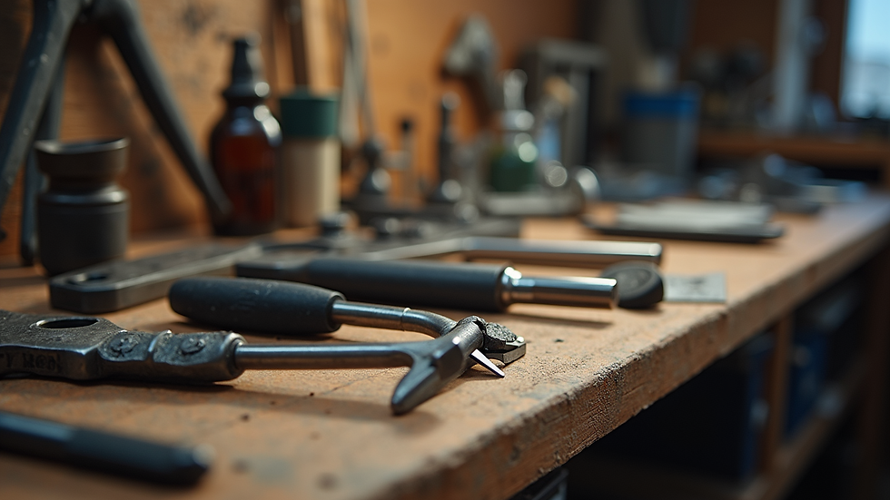 Eye-level view of guitar repair tools neatly arranged on a workbench