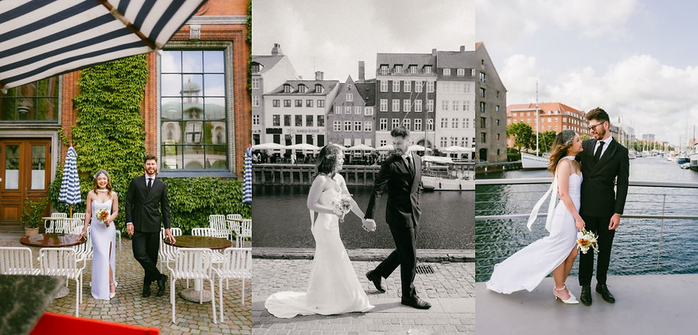 Bride and groom posing elegantly in front of a neoclassical building with statues during their wedding in Copenhagen.