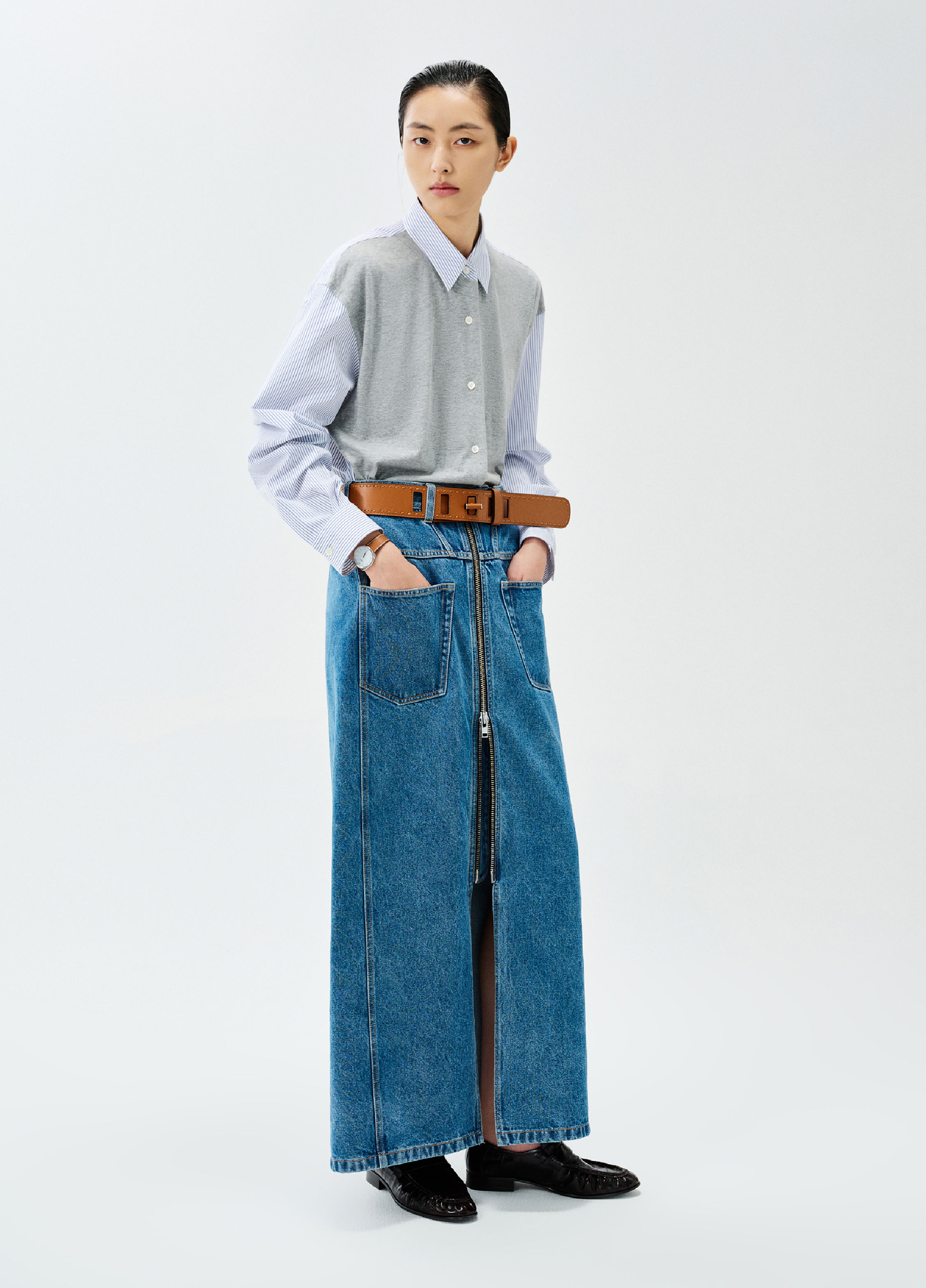 Maxi denim skirt with front zip