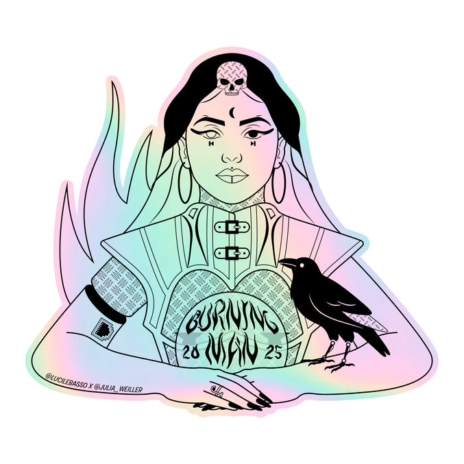 Illustration originale créée pour le festival Burning Man dans le désert de Black Rock au Nevada (États-Unis), puis déclinée en stickers holographiques. Projet artistique inspiré par l’univers créatif et expérimental du Burning Man, réalisé par une illustratrice et graphiste freelance à Paris.