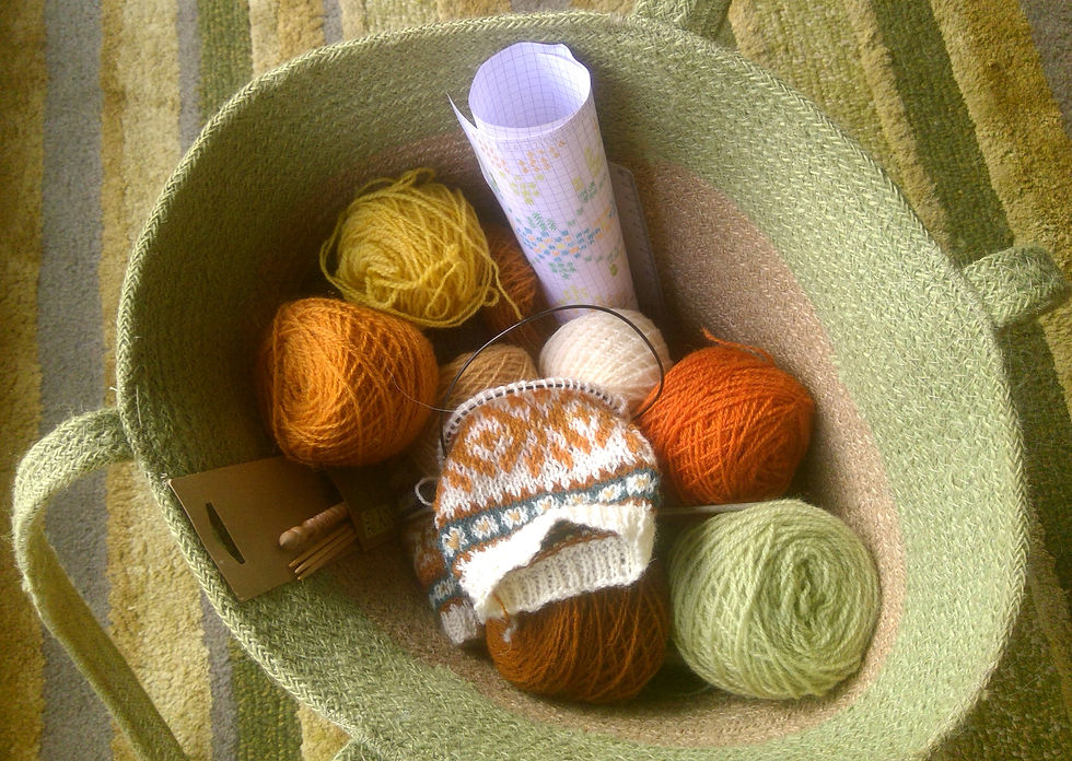 a grass basket contains a handful of colourful balls of wool and a piece of knitting in progress, a homemade knitting colour chart and a ruler