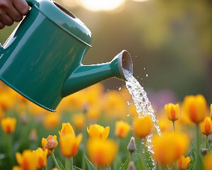 Close-up of a watering can pouring water on flowers