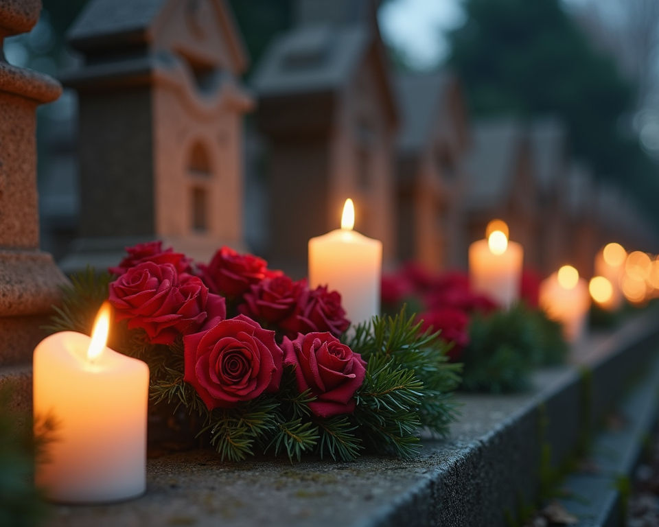 Eye-level view of candles and wreaths on graves