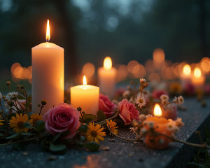 High angle view of lit candles and flowers on a grave
