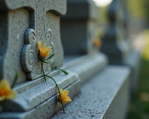 Close-up view of a porcelain decoration on a grave