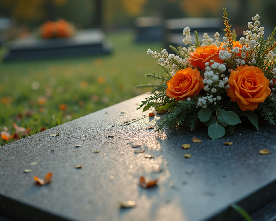 High angle view of a grave adorned with seasonal flowers