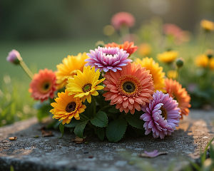 Close-up view of colorful flowers placed on a grave