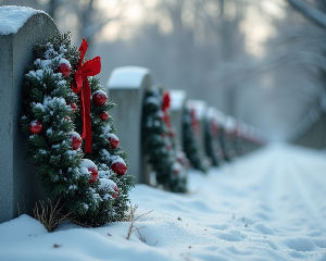 High angle view of a grave with winter wreaths