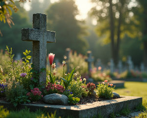 High-angle view of a grave decorated with various plants