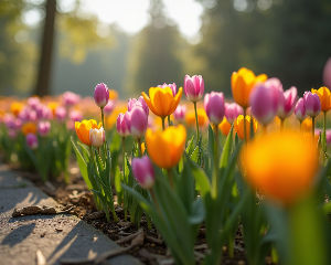 Eye-level view of vibrant flowers placed on a grave