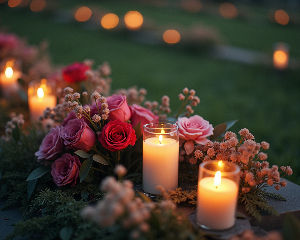 High angle view of flower arrangements with candles on a grave