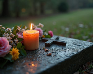 High angle view of a beautifully decorated grave with a candle and flowers