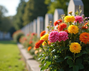 Close-up view of a colorful flower arrangement in a cemetery