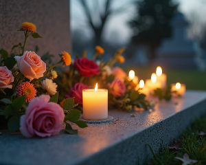 Close-up view of a grave decorated with candles and flowers
