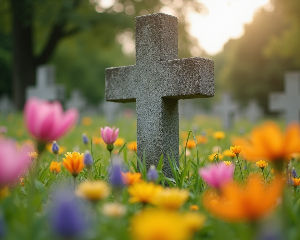 Eye-level view of a grave surrounded by vibrant summer flowers.