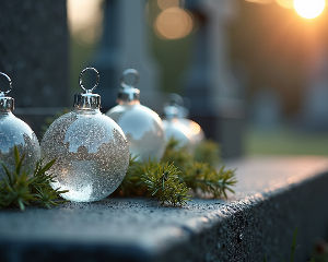Eye-level view of beautiful glass ornaments on a grave