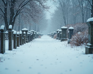 Eye-level view of a snow-covered cemetery path