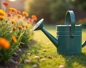 High angle view of a watering can on a flowerbed