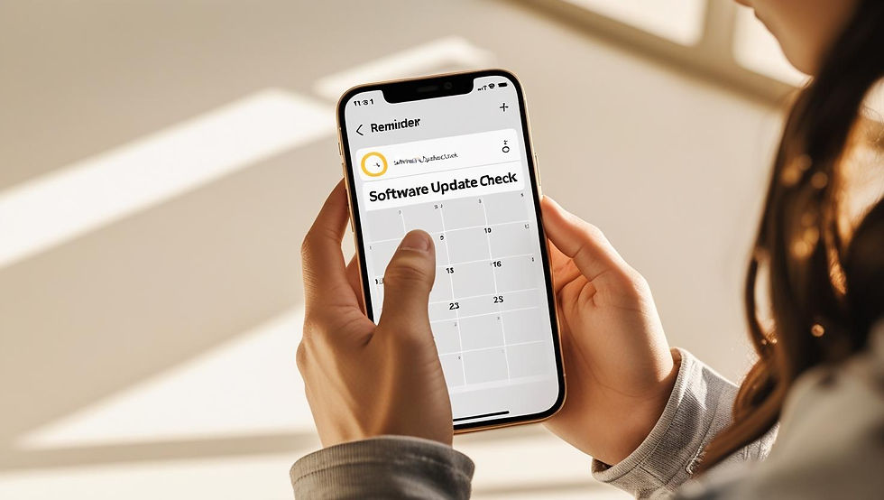Hands holding a phone displaying a calendar reminder for "Software Update Check." Bright setting with sunlight streaming through a window.