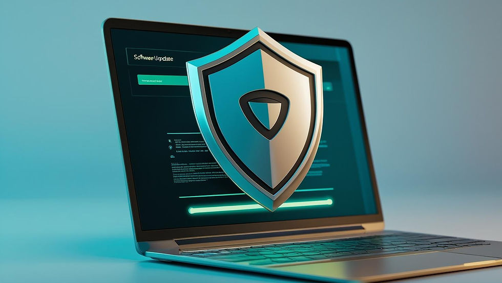 Laptop displaying a "Software Update" screen with a large shield icon in front, symbolizing security. The background is light blue.