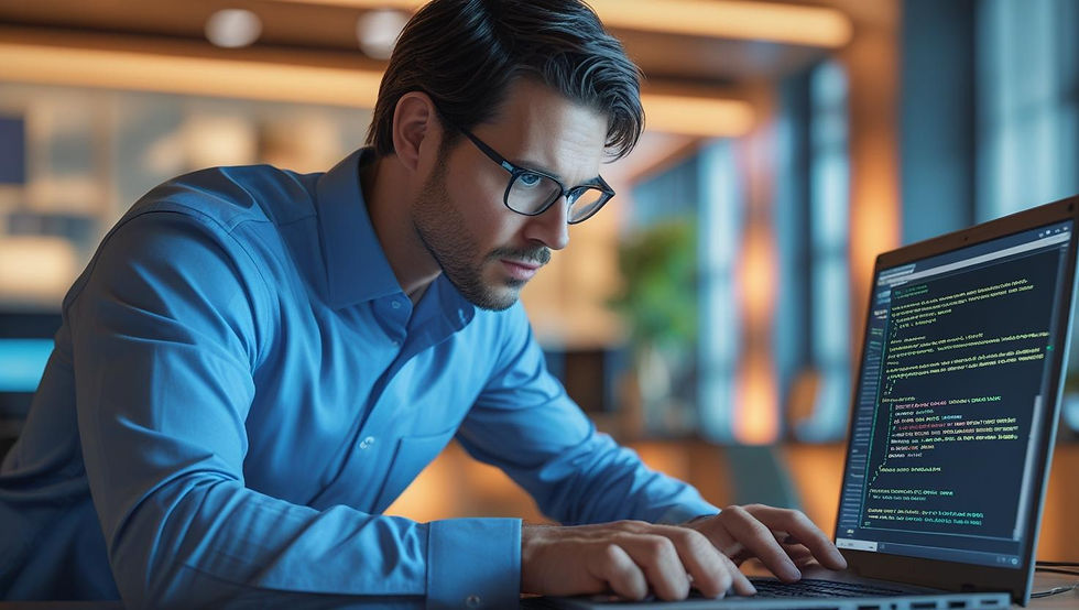 A focused man in glasses, wearing a blue shirt, types code on a laptop. The office setting has warm lighting and blurred background.