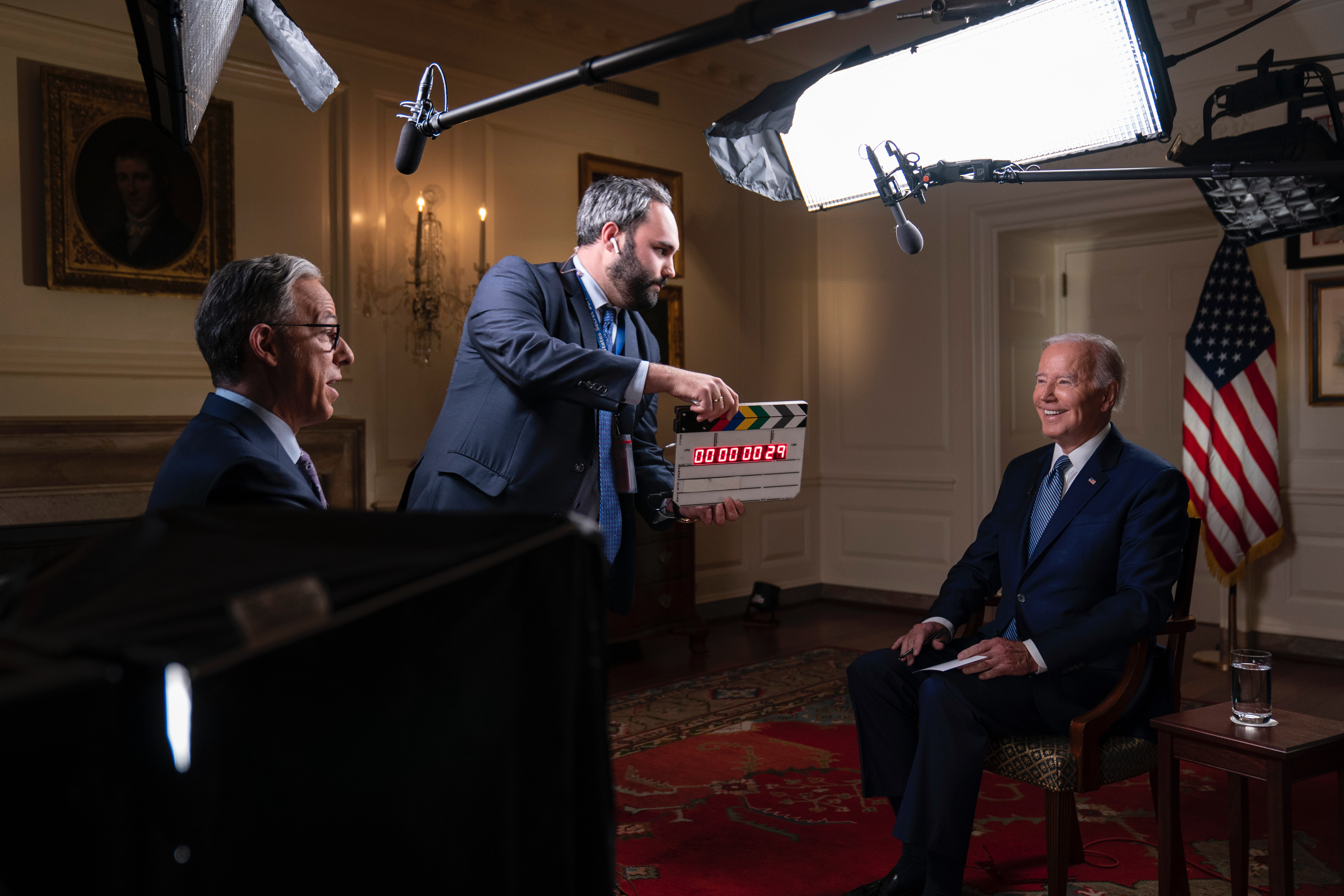 Political interview set lit and rigged on location