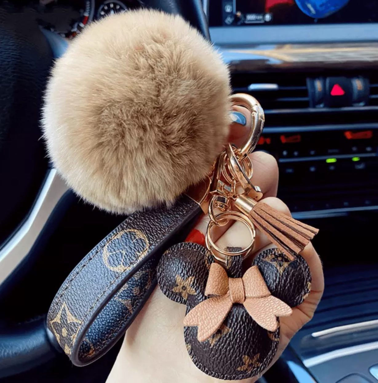 Heart Leather Puff Ball Keychain