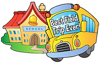 Illustration of a yellow school bus driving past a school