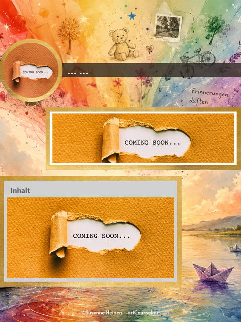 Gestaltungsvorlage zur Blogparade „Die Farbe meiner Kindheit" mit Kindheitssymbolen wie Teddybär, Fa