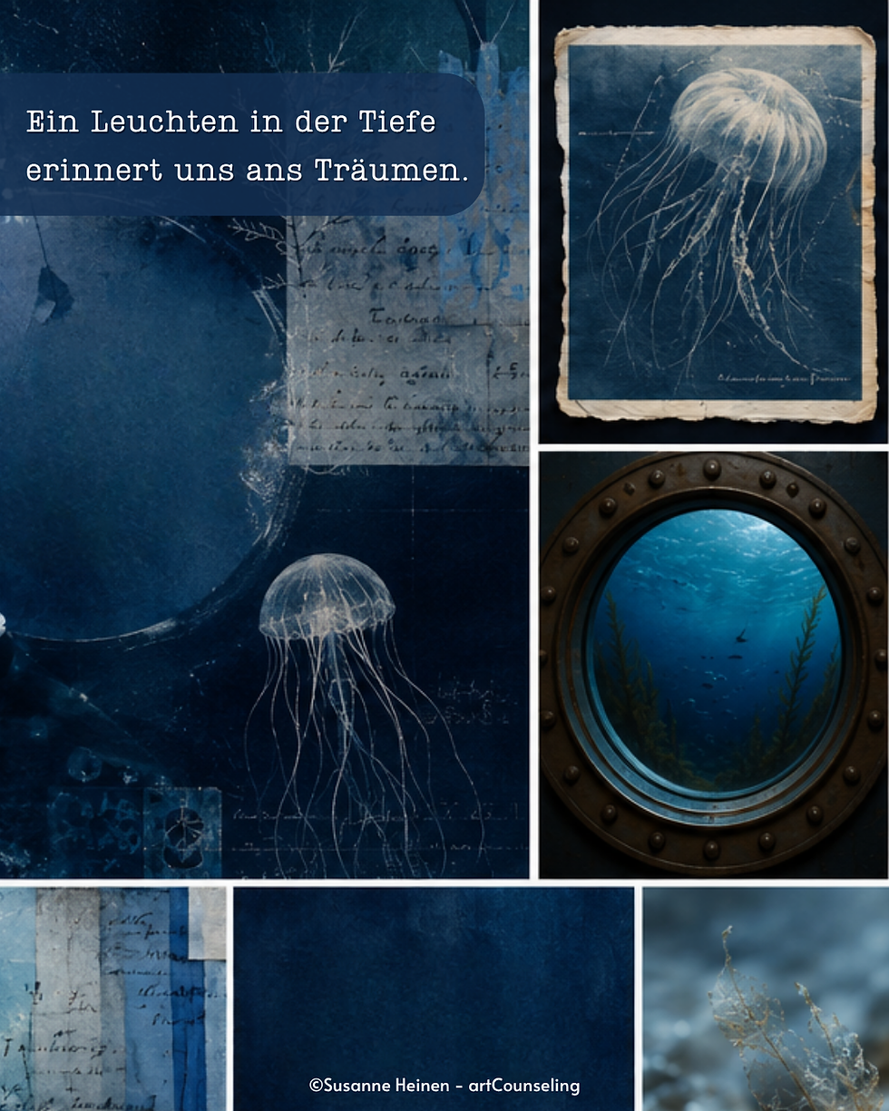 Moodboard zur Traumaquarium-Aktion der Farbkreisreise Blau 2026: Collage aus Unterwasserbildern, Quallen, einem Bullauge und alten Schriftfragmenten in tiefen Blautönen. Mit dem Zitat „Ein Leuchten in der Tiefe erinnert uns ans Träumen." © Susanne Heinen – artCounseling