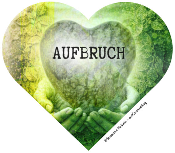 Herzbotschaft August 2026: Hände halten ein gelbgrünes Herz mit dem Monatswort ‚Aufbruch‘, Farbkreisreise 2026.