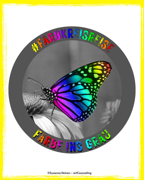 Logo zur Aktion Farbe ins Grau, der bunte Schmetterling in Regenbogenfarben.