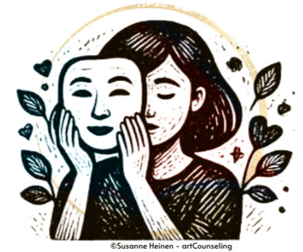 Frau hält eine lächelnde Maske vor ihr Gesicht als Symbol für Toxic Positivity und den Zwang zur guten Laune.