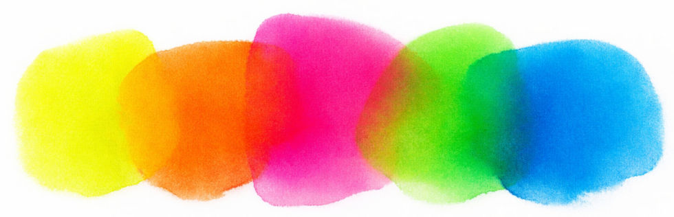 Fünf ineinanderfließende Neon-Aquarellfarben von Gelb über Pink bis Blau.