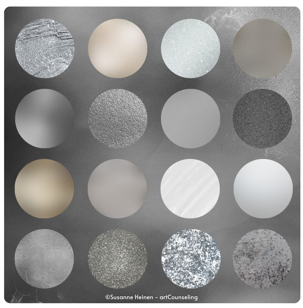 Eine Kachel mit Kreisen und verschiedenen Grau- und Silbertönen.