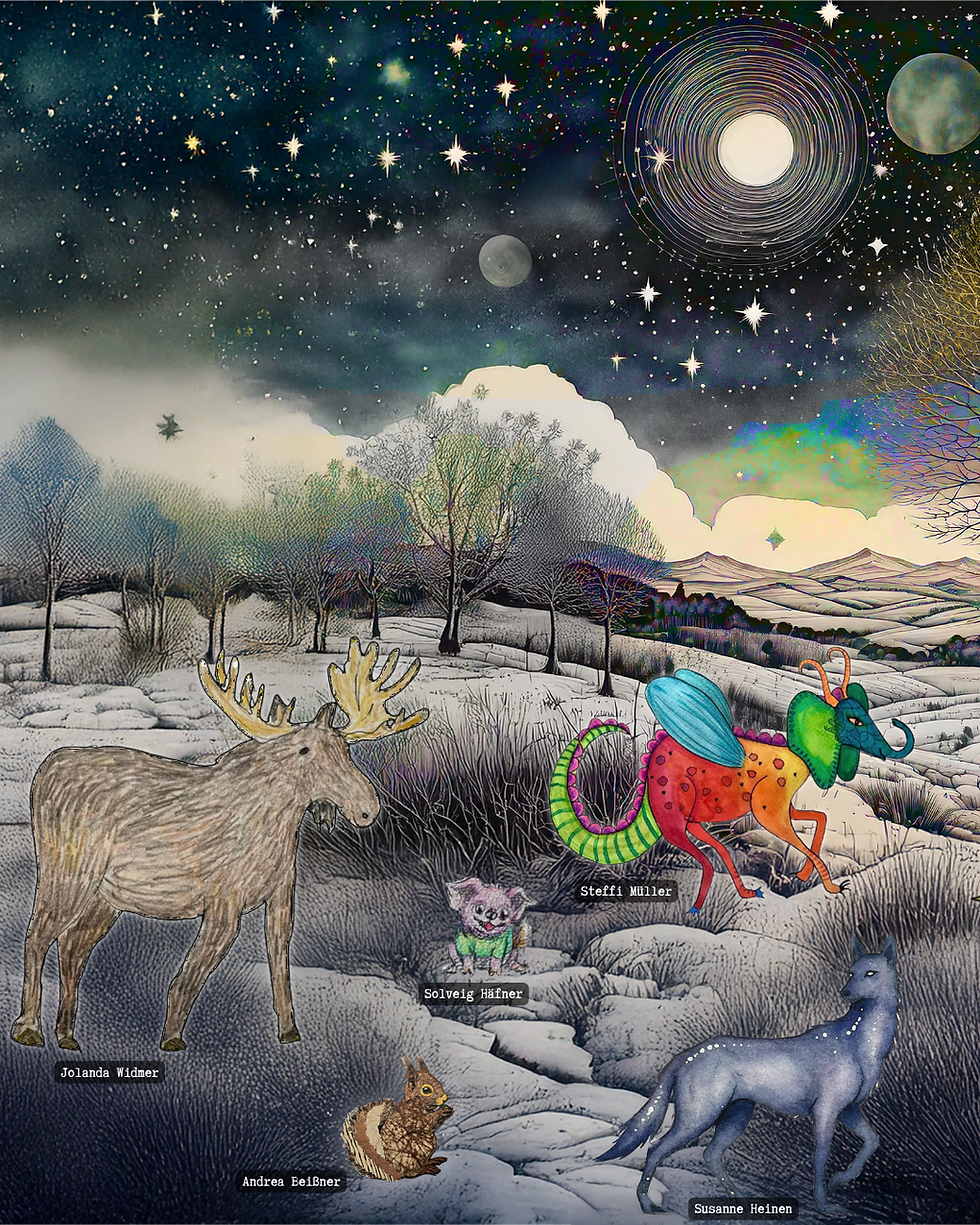 »Winterliche Fabelwesen«, Collage, linke Seite, 2026