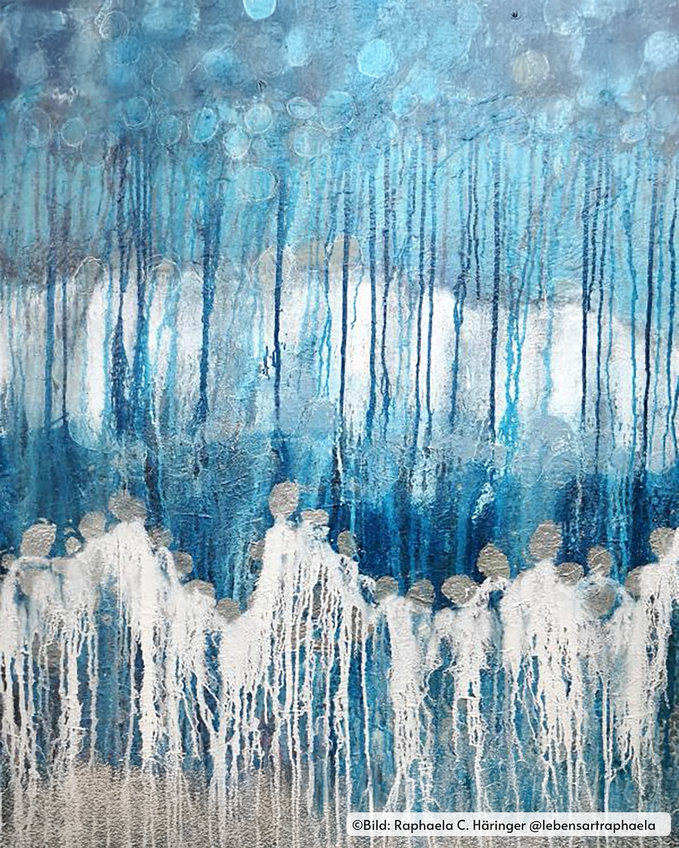 Ein gemaltes Bild abstrakt mit einer Gruppe von Personen von hinten.