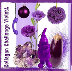 Collagen Challenge zum Thea Violett: Violette Gegenstände wie Zwerg, Glaskugel  und Blumen.